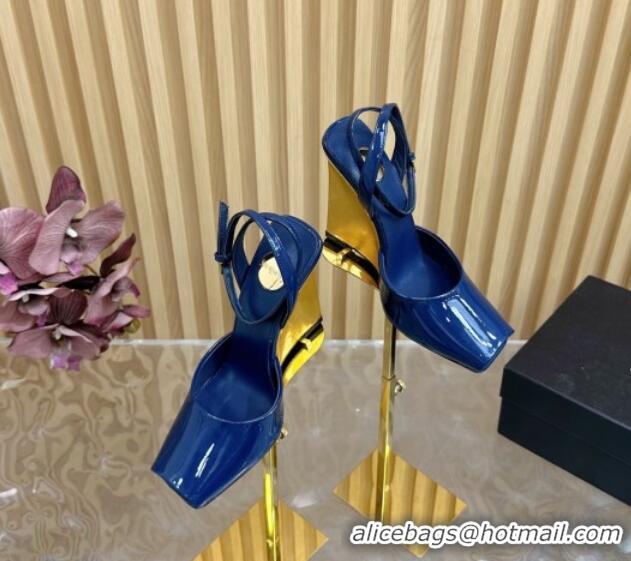 Unique Discount Saint Laurent La Scandale Open Toe Wedge Sandals 11cm in Patent Leather Blue 0225061