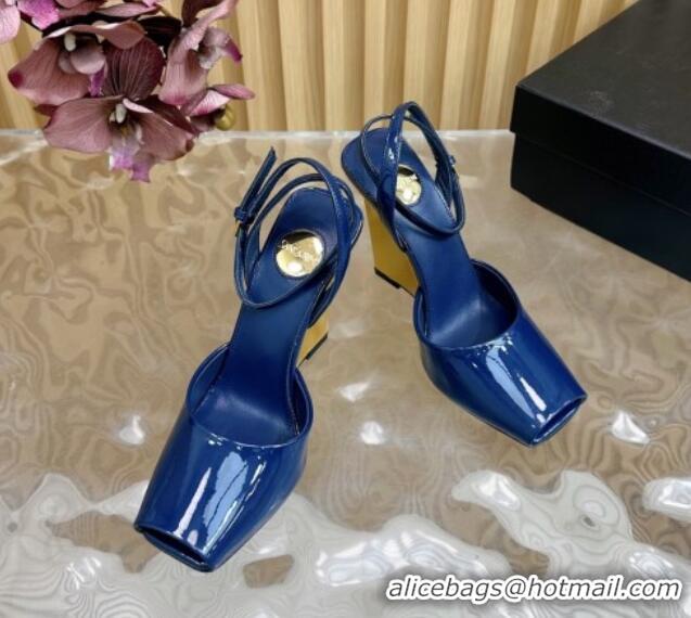 Unique Discount Saint Laurent La Scandale Open Toe Wedge Sandals 11cm in Patent Leather Blue 0225061