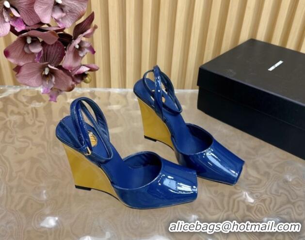 Unique Discount Saint Laurent La Scandale Open Toe Wedge Sandals 11cm in Patent Leather Blue 0225061