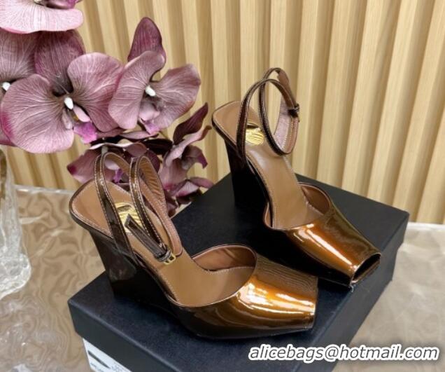 Duplicate Saint Laurent La Scandale Open Toe Wedge Sandals 11cm in Patent Leather Bronze 0225062