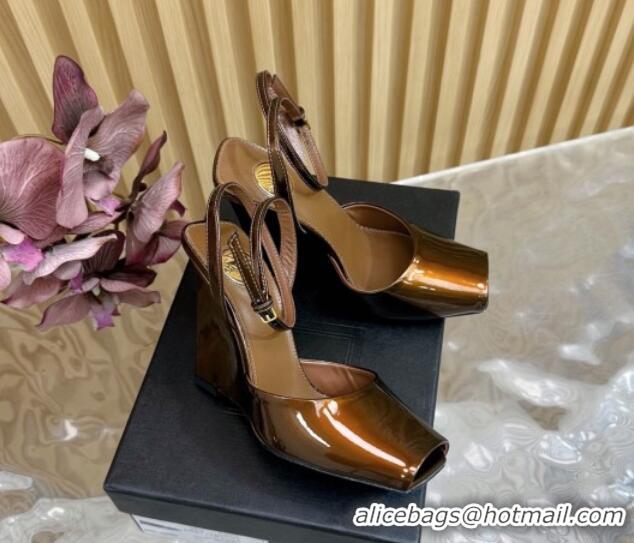 Duplicate Saint Laurent La Scandale Open Toe Wedge Sandals 11cm in Patent Leather Bronze 0225062