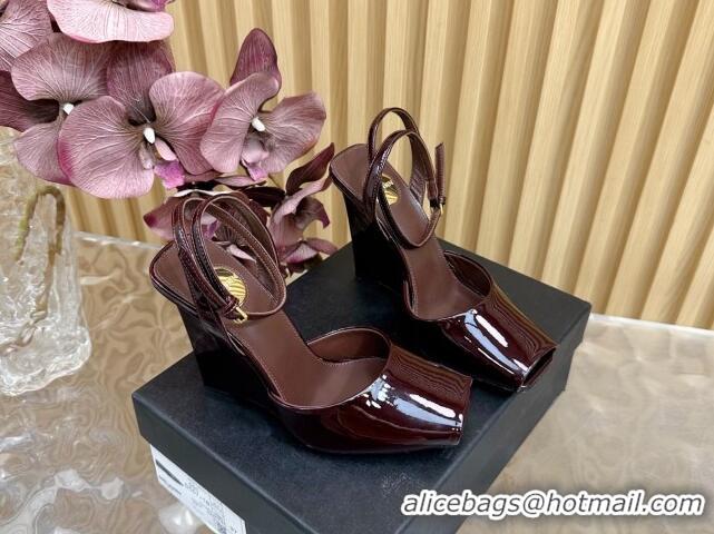 Stylish Saint Laurent La Scandale Open Toe Wedge Sandals 11cm in Patent Leather Dark Brown 0225063