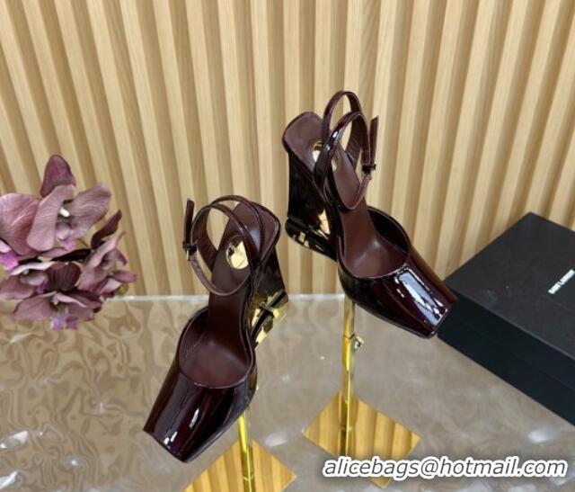 Stylish Saint Laurent La Scandale Open Toe Wedge Sandals 11cm in Patent Leather Dark Brown 0225063