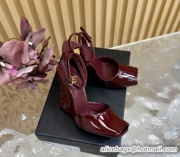 Good Quality Saint Laurent La Scandale Open Toe Wedge Sandals 11cm in Patent Leather Dark Burgundy 0225064