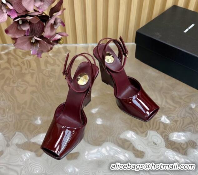 Good Quality Saint Laurent La Scandale Open Toe Wedge Sandals 11cm in Patent Leather Dark Burgundy 0225064