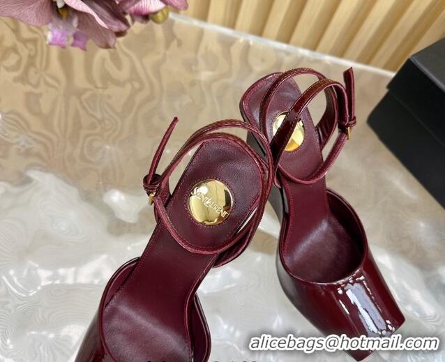 Good Quality Saint Laurent La Scandale Open Toe Wedge Sandals 11cm in Patent Leather Dark Burgundy 0225064