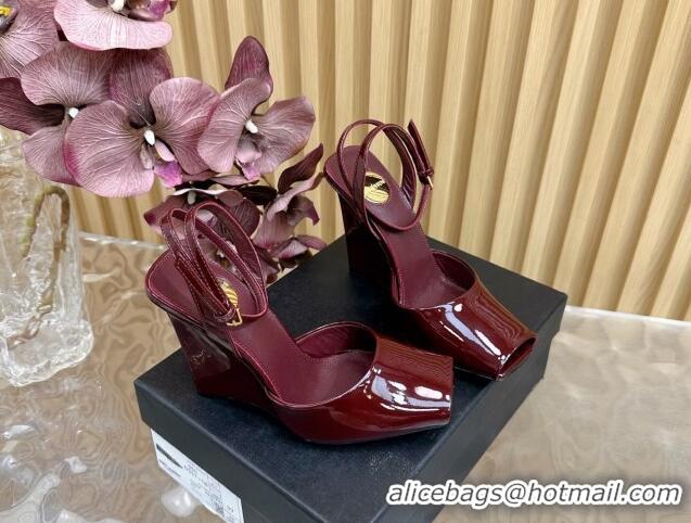 Good Quality Saint Laurent La Scandale Open Toe Wedge Sandals 11cm in Patent Leather Dark Burgundy 0225064