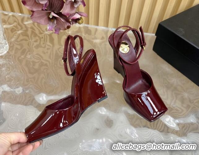 Good Quality Saint Laurent La Scandale Open Toe Wedge Sandals 11cm in Patent Leather Dark Burgundy 0225064