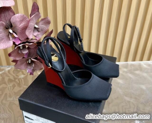 Purchase Saint Laurent La Scandale Open Toe Wedge Sandals 11cm in Satin Black 0225065