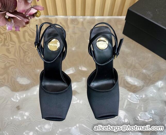 Purchase Saint Laurent La Scandale Open Toe Wedge Sandals 11cm in Satin Black 0225065