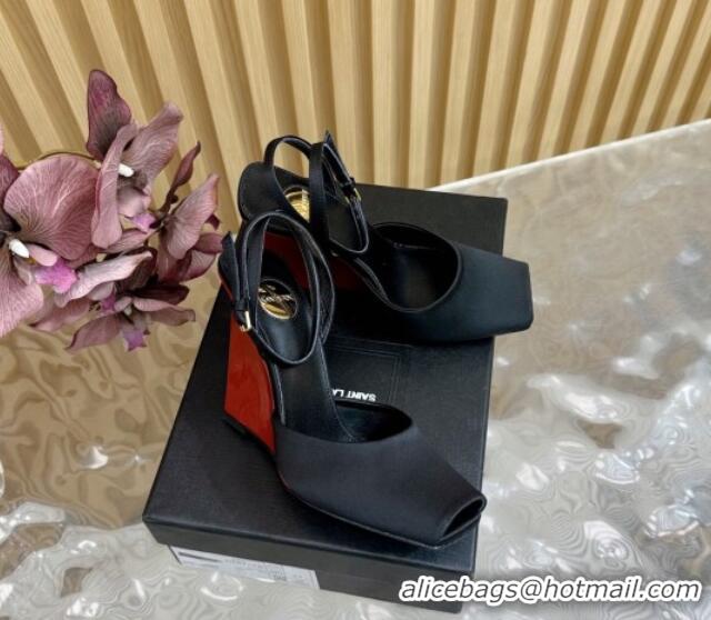 Purchase Saint Laurent La Scandale Open Toe Wedge Sandals 11cm in Satin Black 0225065