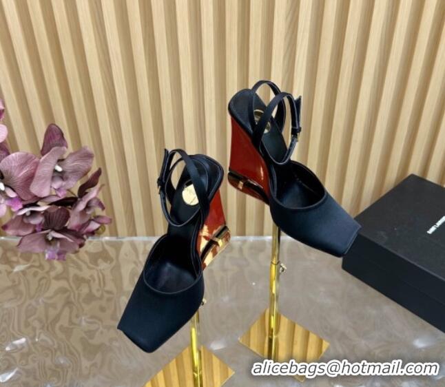 Purchase Saint Laurent La Scandale Open Toe Wedge Sandals 11cm in Satin Black 0225065