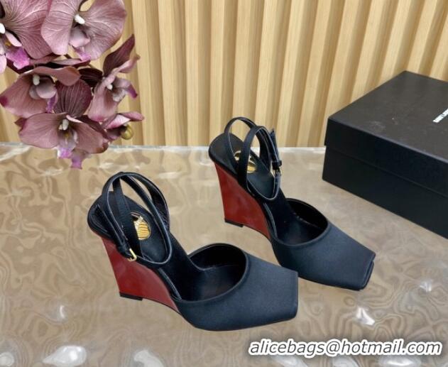 Purchase Saint Laurent La Scandale Open Toe Wedge Sandals 11cm in Satin Black 0225065