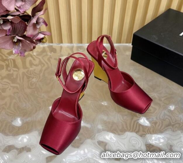 Classic Hot Saint Laurent La Scandale Open Toe Wedge Sandals 11cm in Satin Red 0225066