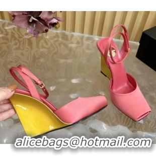 Grade Quality Saint Laurent La Scandale Open Toe Wedge Sandals 11cm in Satin Light Pink 0225067