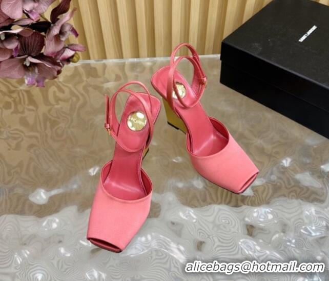 Grade Quality Saint Laurent La Scandale Open Toe Wedge Sandals 11cm in Satin Light Pink 0225067