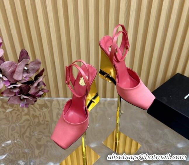 Grade Quality Saint Laurent La Scandale Open Toe Wedge Sandals 11cm in Satin Light Pink 0225067