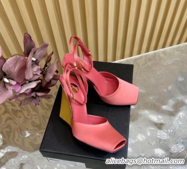 Grade Quality Saint Laurent La Scandale Open Toe Wedge Sandals 11cm in Satin Light Pink 0225067