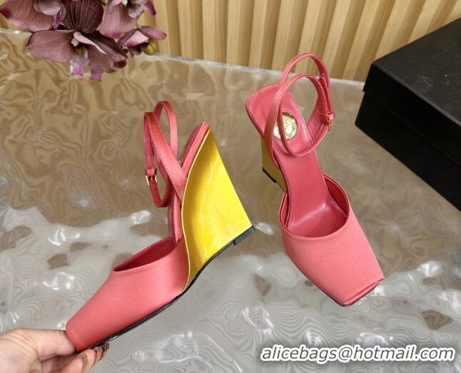 Grade Quality Saint Laurent La Scandale Open Toe Wedge Sandals 11cm in Satin Light Pink 0225067