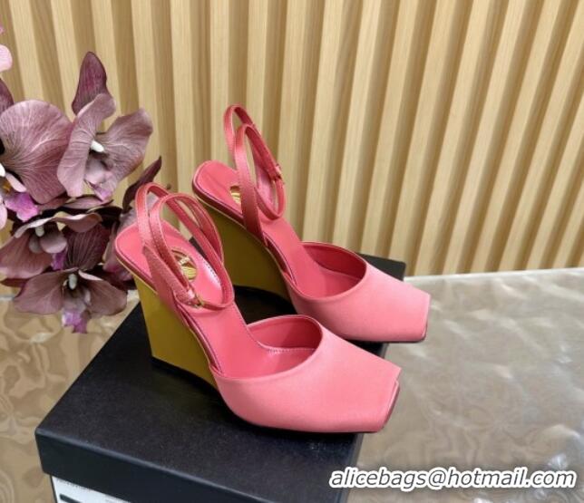 Grade Quality Saint Laurent La Scandale Open Toe Wedge Sandals 11cm in Satin Light Pink 0225067