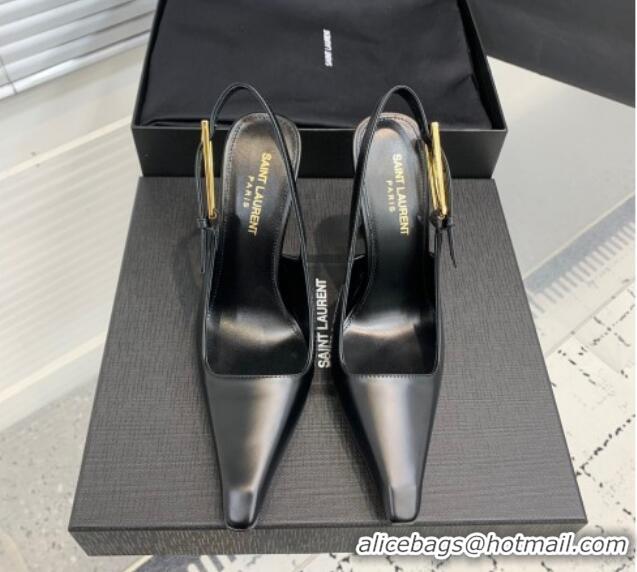 Perfect Saint Laurent Lee Slingback Pumps 11cm with Buckle in Shiny Leather Black 0225071