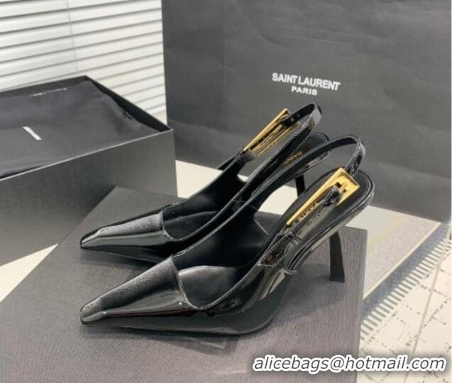 Best Price Saint Laurent Lee Slingback Pumps 11cm with Buckle in Patent Leather Black 0225072