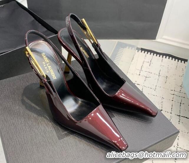 Low Price Saint Laurent Lee Slingback Pumps 11cm with Buckle in Patent Leather Dark Burgundy 0225073