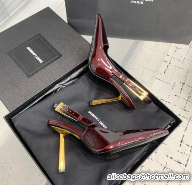 Low Price Saint Laurent Lee Slingback Pumps 11cm with Buckle in Patent Leather Dark Burgundy 0225073