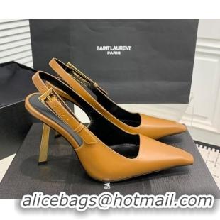 Low Cost Saint Laurent Lee Slingback Pumps 11cm with Buckle in Shiny Leather Light Brown 0225074