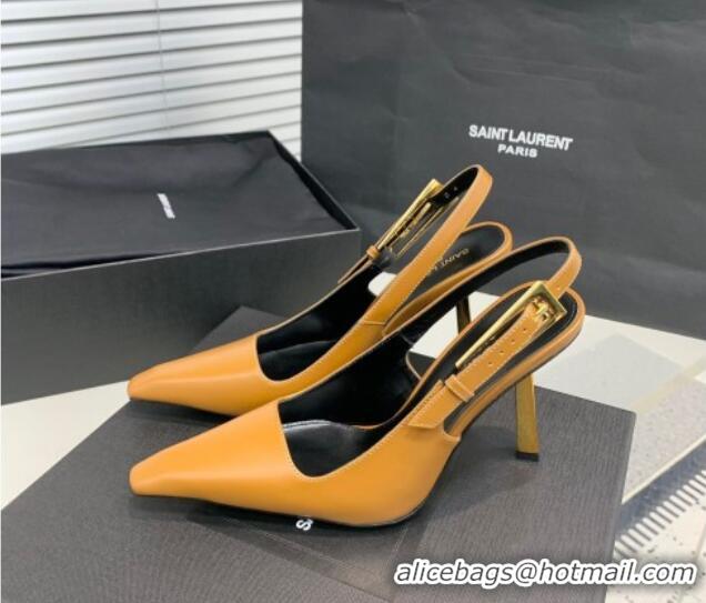 Low Cost Saint Laurent Lee Slingback Pumps 11cm with Buckle in Shiny Leather Light Brown 0225074