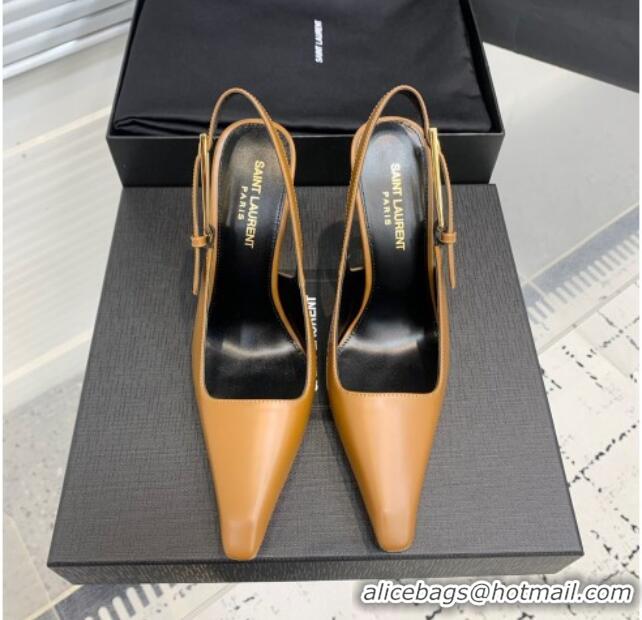 Low Cost Saint Laurent Lee Slingback Pumps 11cm with Buckle in Shiny Leather Light Brown 0225074