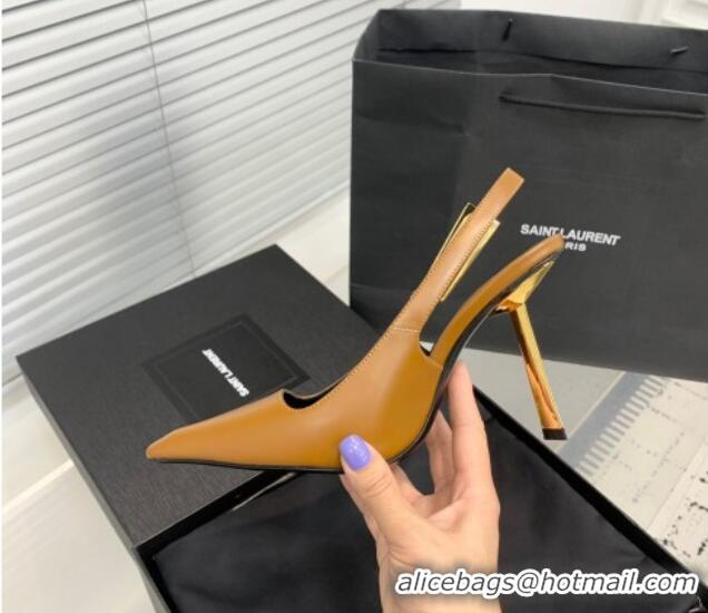 Low Cost Saint Laurent Lee Slingback Pumps 11cm with Buckle in Shiny Leather Light Brown 0225074