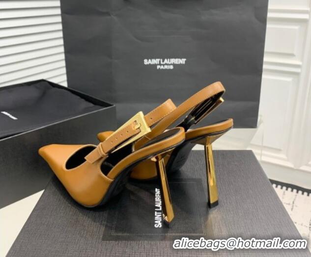 Low Cost Saint Laurent Lee Slingback Pumps 11cm with Buckle in Shiny Leather Light Brown 0225074