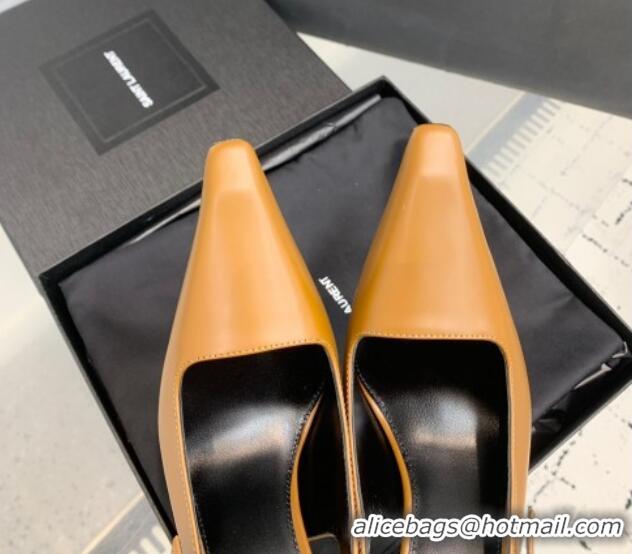 Low Cost Saint Laurent Lee Slingback Pumps 11cm with Buckle in Shiny Leather Light Brown 0225074