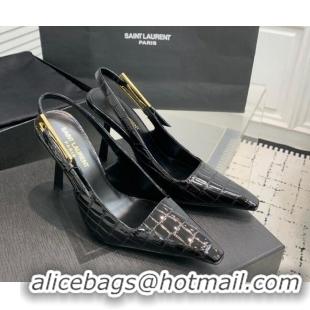 Pretty Style Saint Laurent Lee Slingback Pumps 11cm with Buckle in Stone Embossed Leather Black 0225075