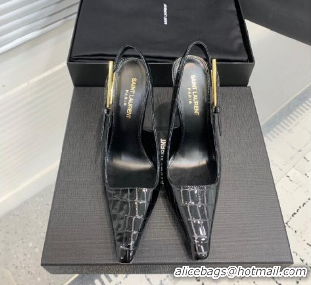 Pretty Style Saint Laurent Lee Slingback Pumps 11cm with Buckle in Stone Embossed Leather Black 0225075