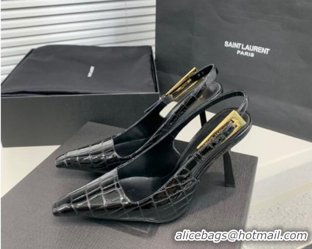 Pretty Style Saint Laurent Lee Slingback Pumps 11cm with Buckle in Stone Embossed Leather Black 0225075