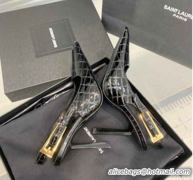 Pretty Style Saint Laurent Lee Slingback Pumps 11cm with Buckle in Stone Embossed Leather Black 0225075