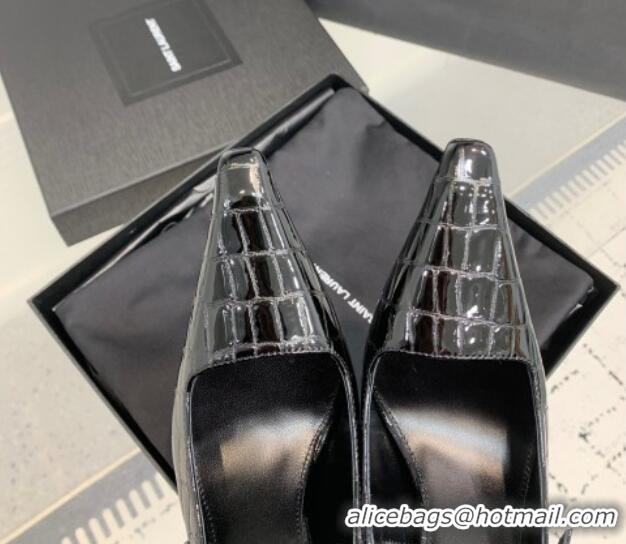 Pretty Style Saint Laurent Lee Slingback Pumps 11cm with Buckle in Stone Embossed Leather Black 0225075