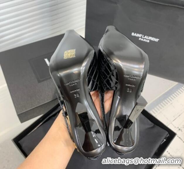 Pretty Style Saint Laurent Lee Slingback Pumps 11cm with Buckle in Stone Embossed Leather Black 0225075