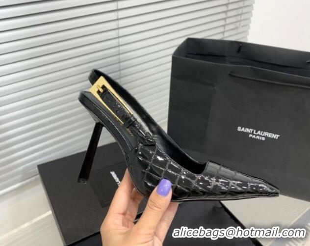 Pretty Style Saint Laurent Lee Slingback Pumps 11cm with Buckle in Stone Embossed Leather Black 0225075