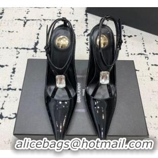 Most Popular Saint Laurent Harlow Pointed Toe Heel Sandals 10cm in Patent Leather with Strass Black 0225081