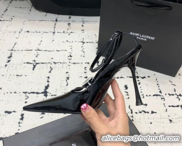 Most Popular Saint Laurent Harlow Pointed Toe Heel Sandals 10cm in Patent Leather with Strass Black 0225081