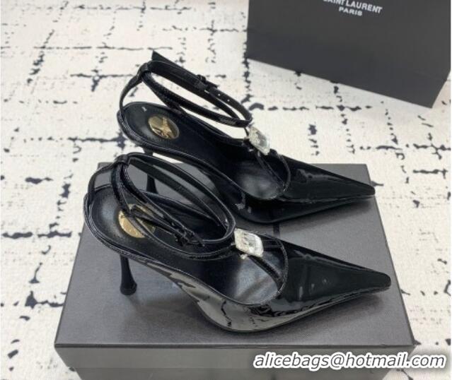 Most Popular Saint Laurent Harlow Pointed Toe Heel Sandals 10cm in Patent Leather with Strass Black 0225081