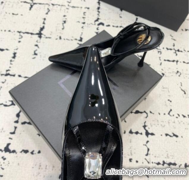 Most Popular Saint Laurent Harlow Pointed Toe Heel Sandals 10cm in Patent Leather with Strass Black 0225081