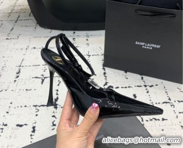 Most Popular Saint Laurent Harlow Pointed Toe Heel Sandals 10cm in Patent Leather with Strass Black 0225081