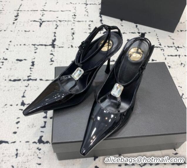 Most Popular Saint Laurent Harlow Pointed Toe Heel Sandals 10cm in Patent Leather with Strass Black 0225081