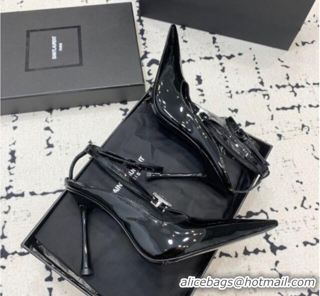 Most Popular Saint Laurent Harlow Pointed Toe Heel Sandals 10cm in Patent Leather with Strass Black 0225081