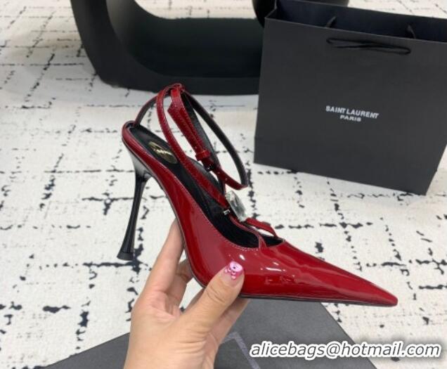 Popular Style Saint Laurent Harlow Pointed Toe Heel Sandals 10cm in Patent Leather with Strass Red 0225082