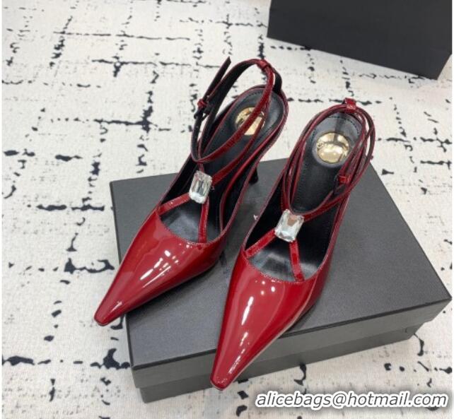 Popular Style Saint Laurent Harlow Pointed Toe Heel Sandals 10cm in Patent Leather with Strass Red 0225082